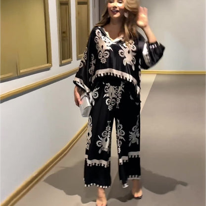Women's Two-Piece Set Long Sleeve Top with Irregular Print and Pants