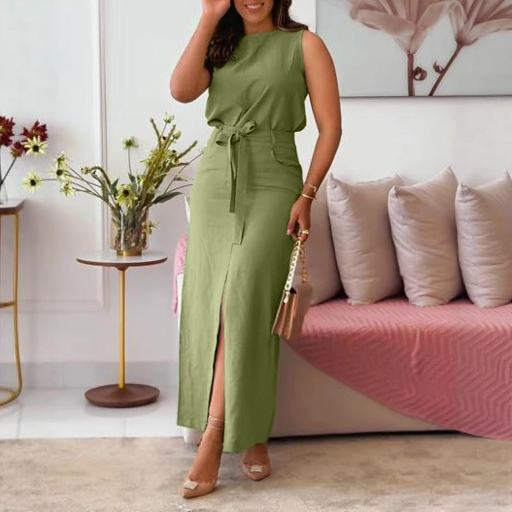 Sleeveless Top + Front Slit Skirt with Waist Tie Design Set