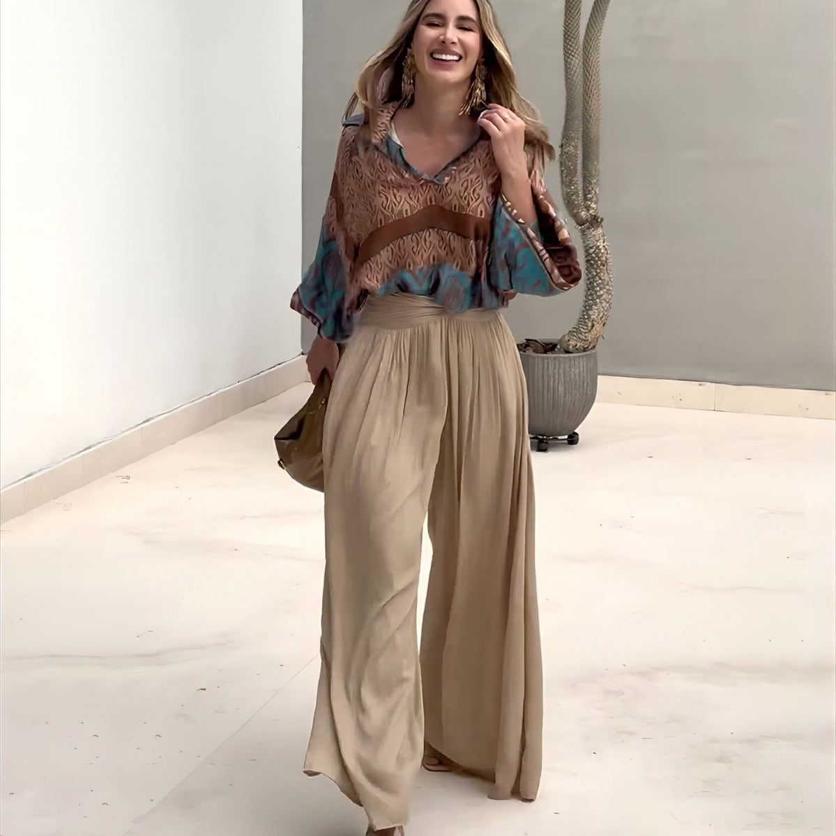 Printed top wide leg pants two-piece set