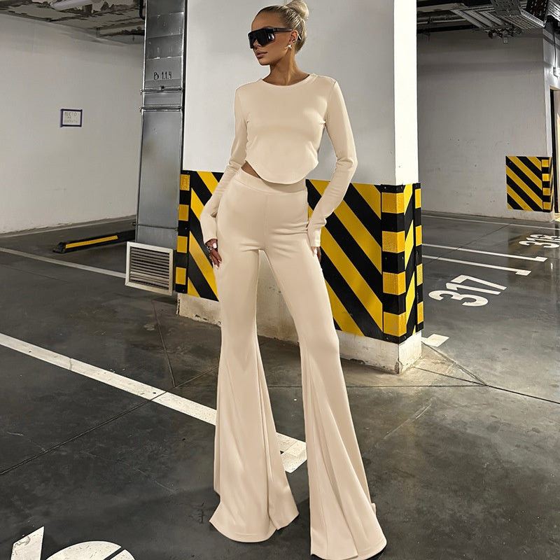 Women's Elegant Fitted Long Sleeve Top and Flare Pants Set