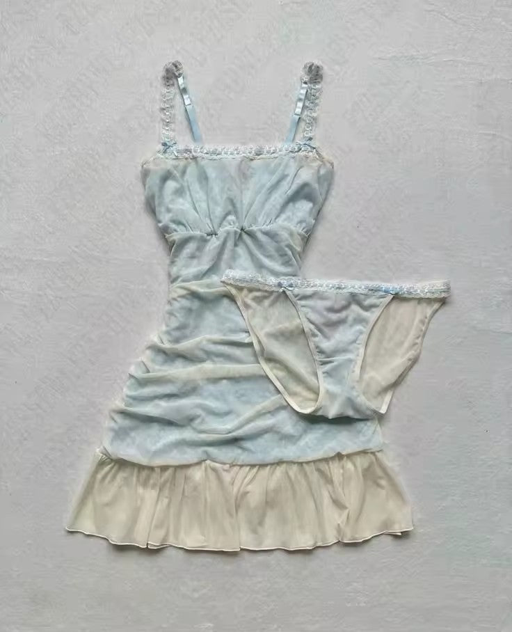 Spliced Lace Summer Waist-cinching Slimming Strapless Dress and Panty Set
