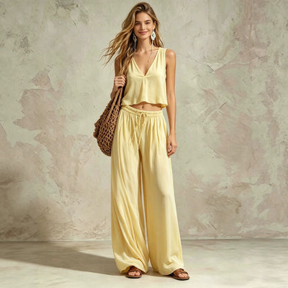 V-neck solid color sleeveless camisole top wide leg pants set
