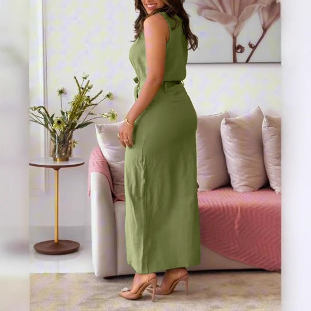 Sleeveless Top + Front Slit Skirt with Waist Tie Design Set