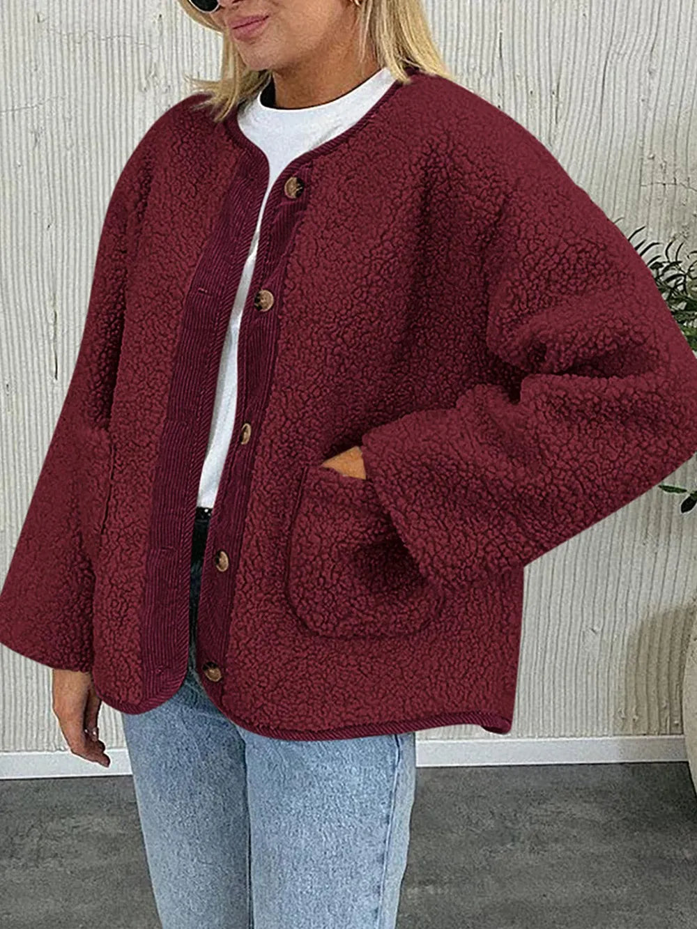Winter coat long sleeved button down plush lambskin jacket jacket