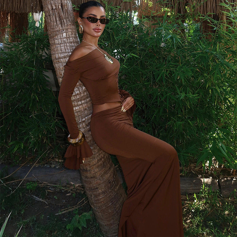 Women's  One-Shoulder Long Sleeve Fitted Mermaid Skirt Set