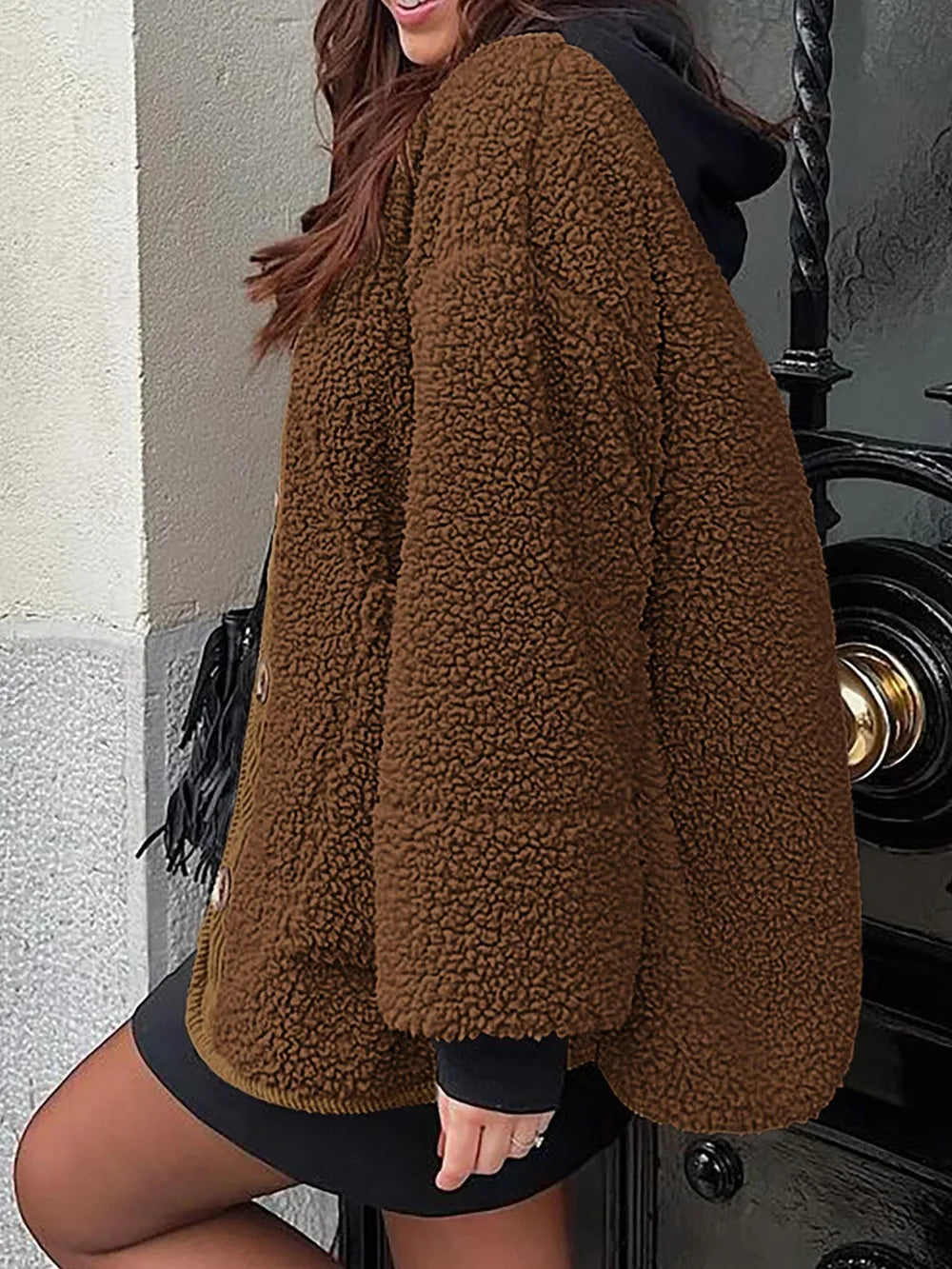 Winter coat long sleeved button down plush lambskin jacket jacket
