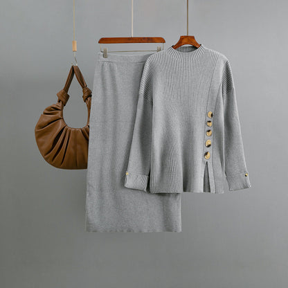 Side slit button decoration sweater half skirt two-piece set
