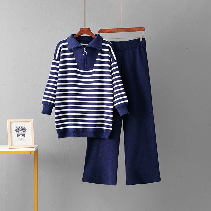 Striped sweater set, women's loose two-piece set