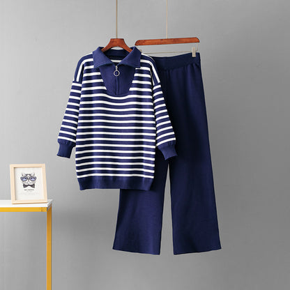 Striped sweater set, women's loose two-piece set