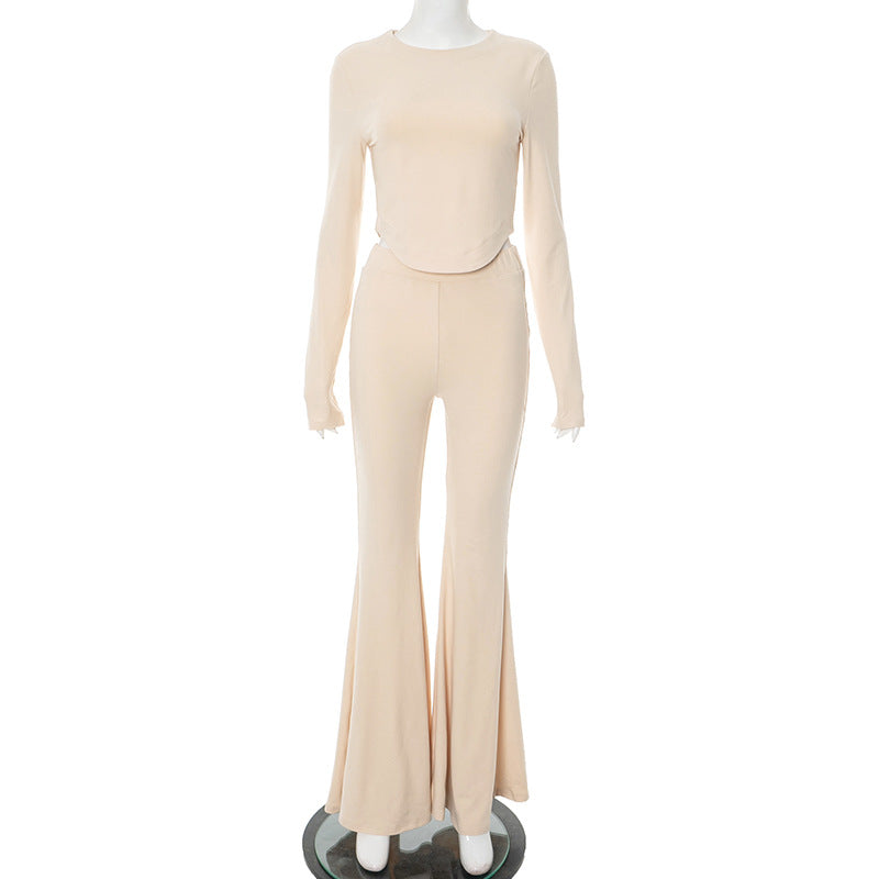 Women's Elegant Fitted Long Sleeve Top and Flare Pants Set