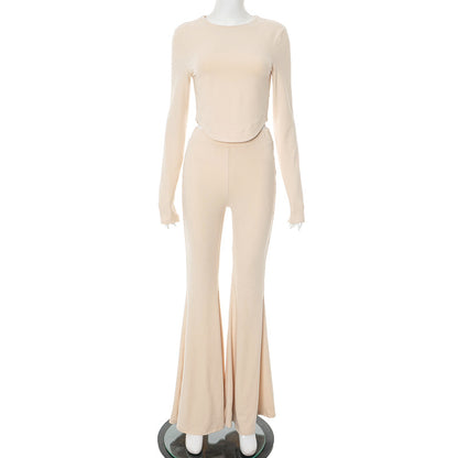 Women's Elegant Fitted Long Sleeve Top and Flare Pants Set