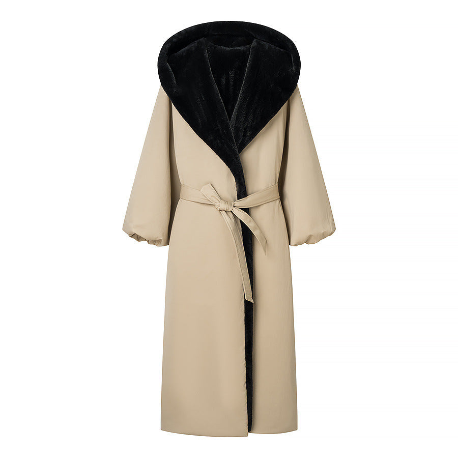 Long woolen hooded cotton jacket
