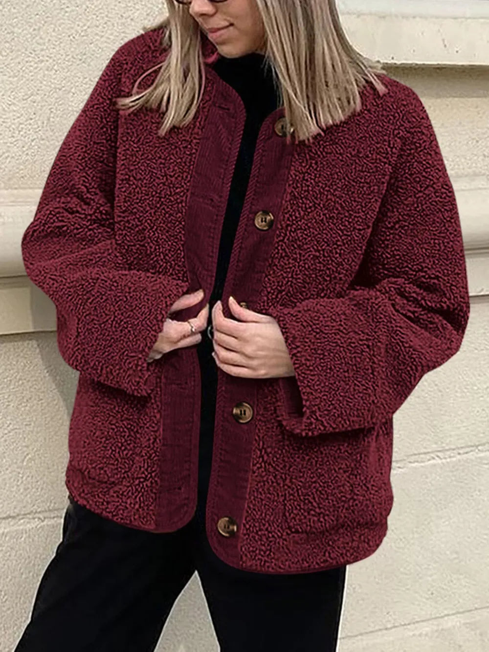 Winter coat long sleeved button down plush lambskin jacket jacket