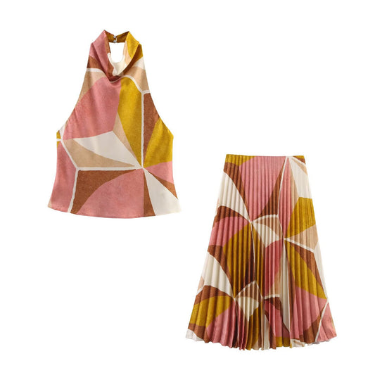 Women's Clothing INS Geometric Pattern Halter Neck Top + Skirt Set