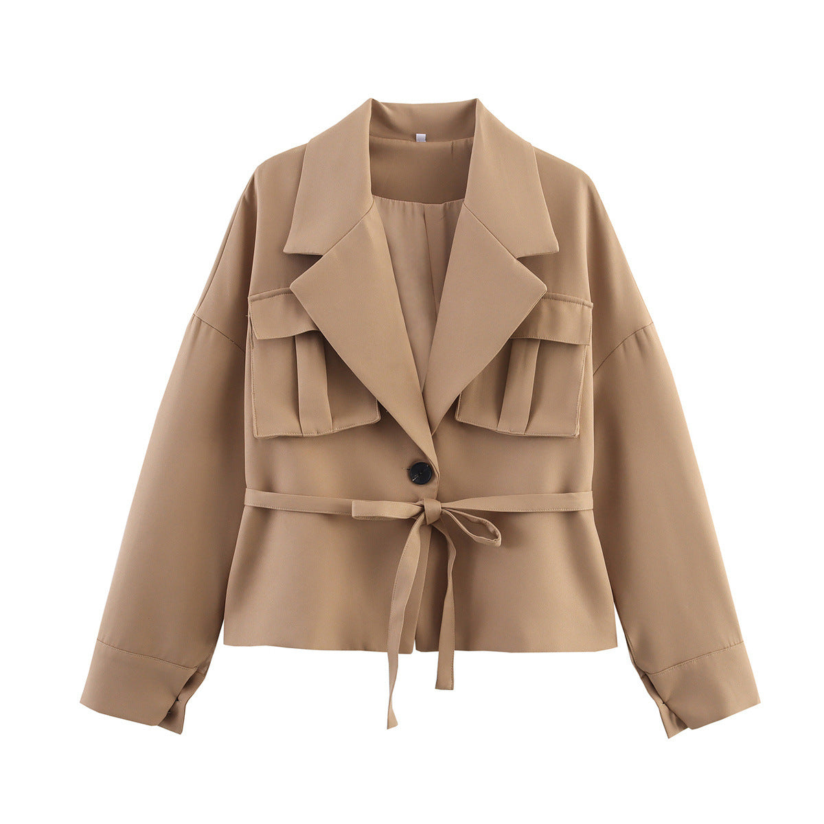 Elegant jacket with three-dimensional pocket belt decoration