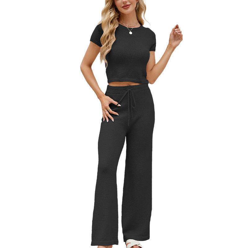 Solid color round neck short sleeved set