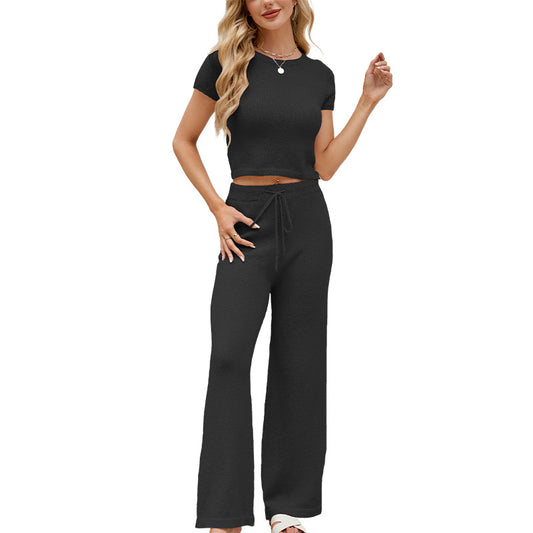 Solid color round neck short sleeved set