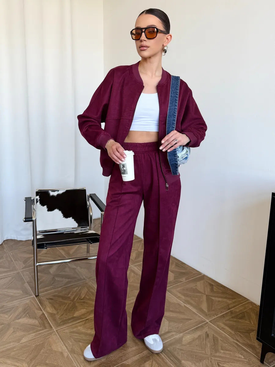 Solid color zipper hoodie elastic straight leg pants set