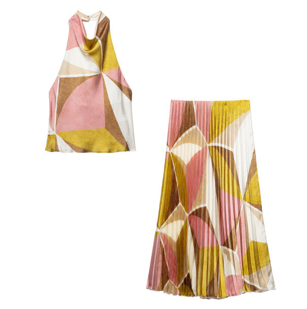 Geometric Pattern Printed Halter Neck Top + Skirt Set for Women