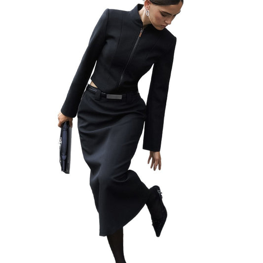 Zipper jacket split straight leg skirt two-piece set for women