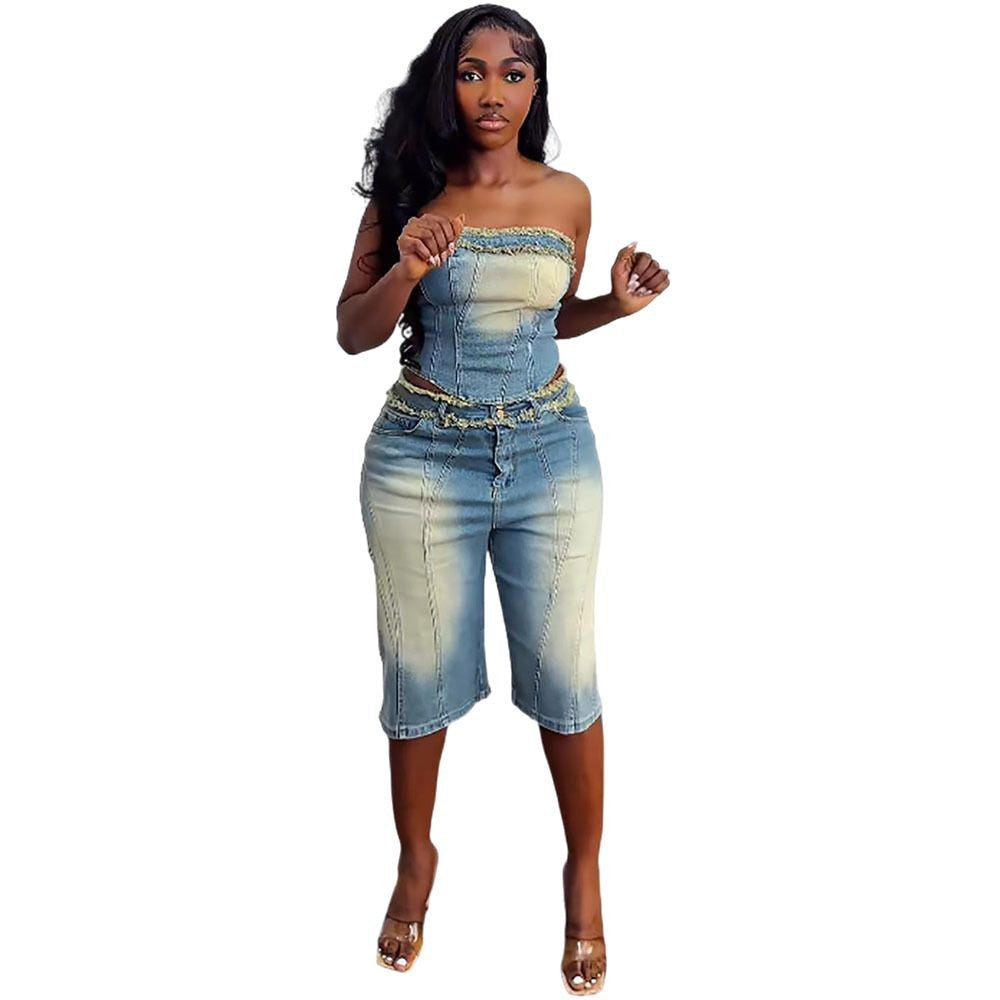Women's Fashion Denim Set with Raw Hem Crop Top and High-Waisted Denim Shorts