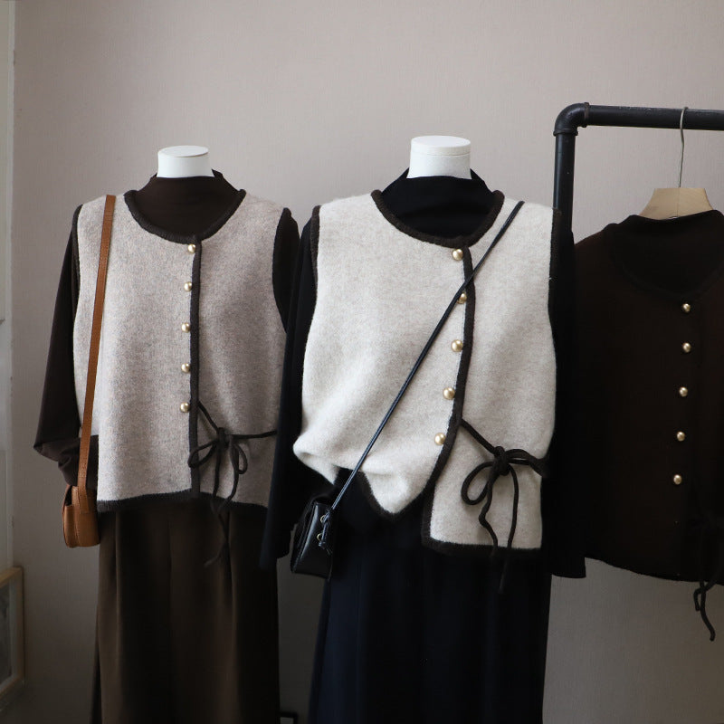 High Neck Inner Wear T-Shirt + Knitted Vest Set for Women