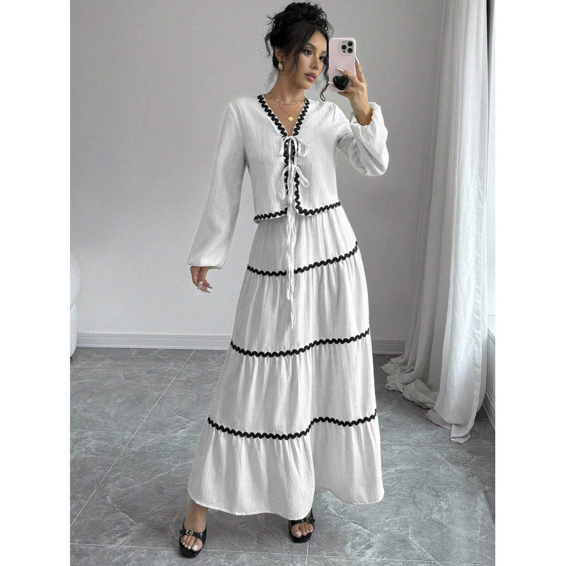 Elegant Vacation Style Long Sleeve Belted Lace A-Line Dress Set