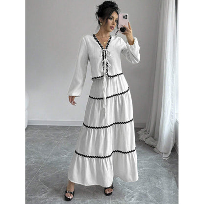 Elegant Vacation Style Long Sleeve Belted Lace A-Line Dress Set
