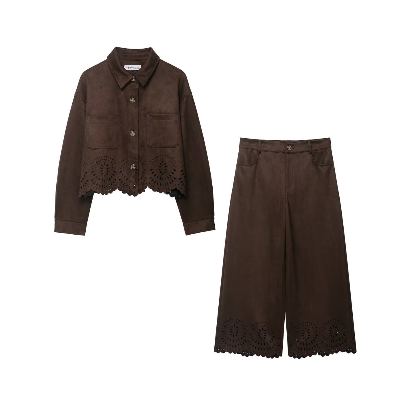 Hollow Hem  Velvet Texture Effect  Coat  Wide Leg Pants Set