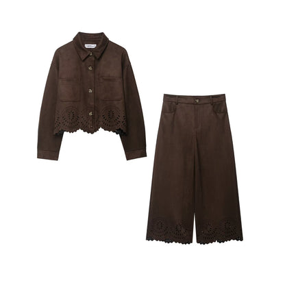Hollow Hem  Velvet Texture Effect  Coat  Wide Leg Pants Set
