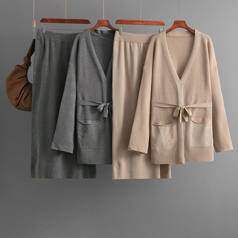 V-neck loose jacket+skirt two-piece set