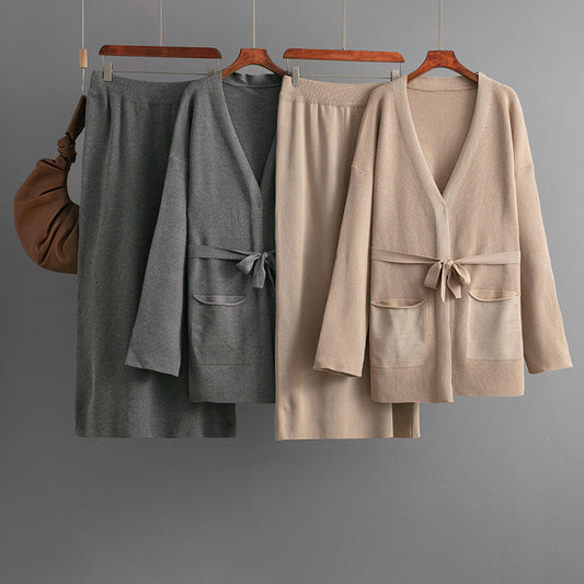 V-neck loose jacket+skirt two-piece set