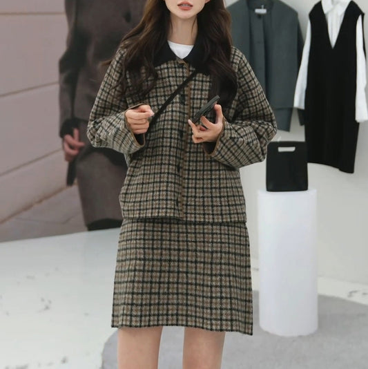 Wool Knit Plaid Set Brown Jacket Mini Skirt Women