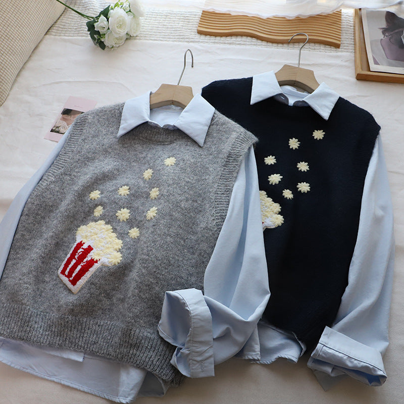 Fashionable Two-Piece Set of Flannel Shirt + Embroidered Knit Vest for Women