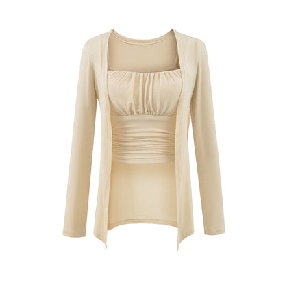 Chest cushion pleated camisole vest ➕ Long sleeved cardigan set