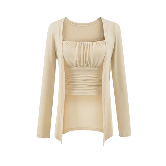 Chest cushion pleated camisole vest ➕ Long sleeved cardigan set