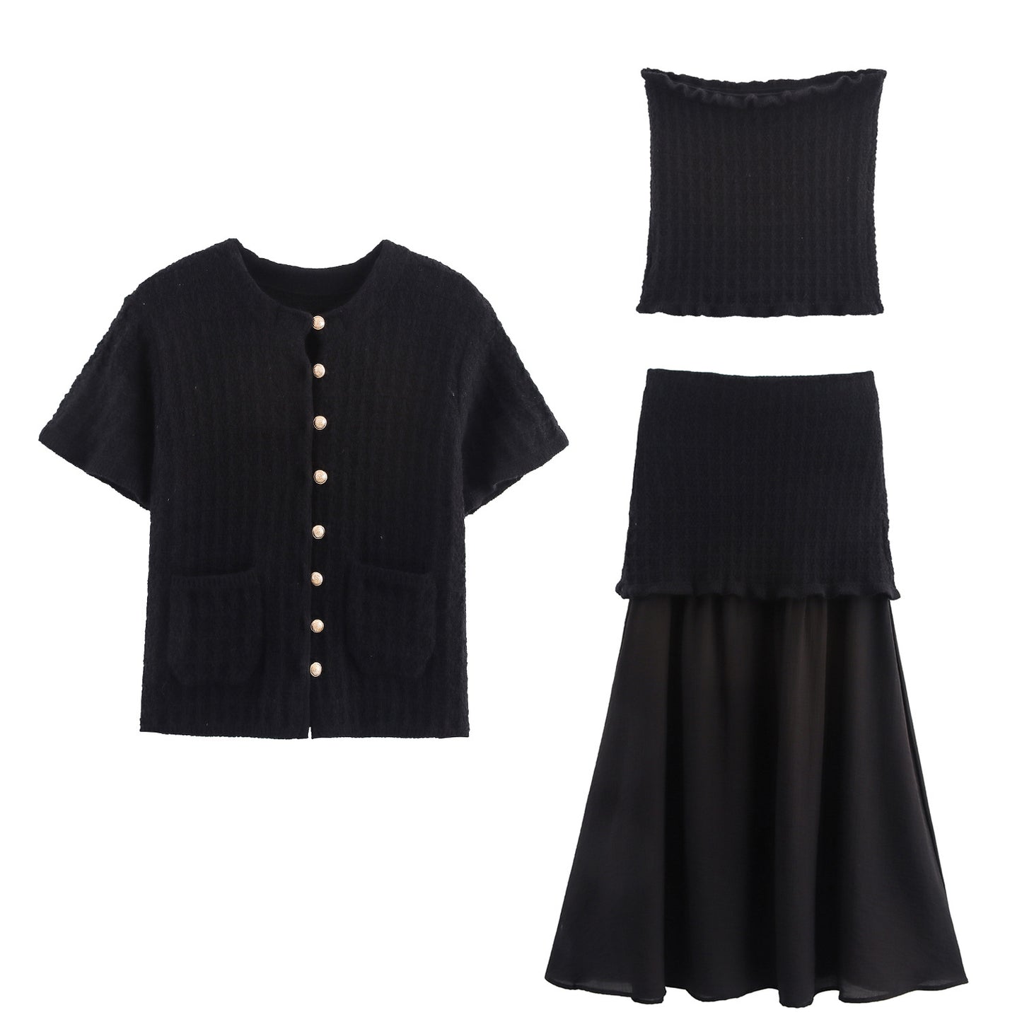 Women's Layered Decorative Knit Jacket + Camisole + Spliced Knit Set