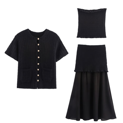 Women's Layered Decorative Knit Jacket + Camisole + Spliced Knit Set
