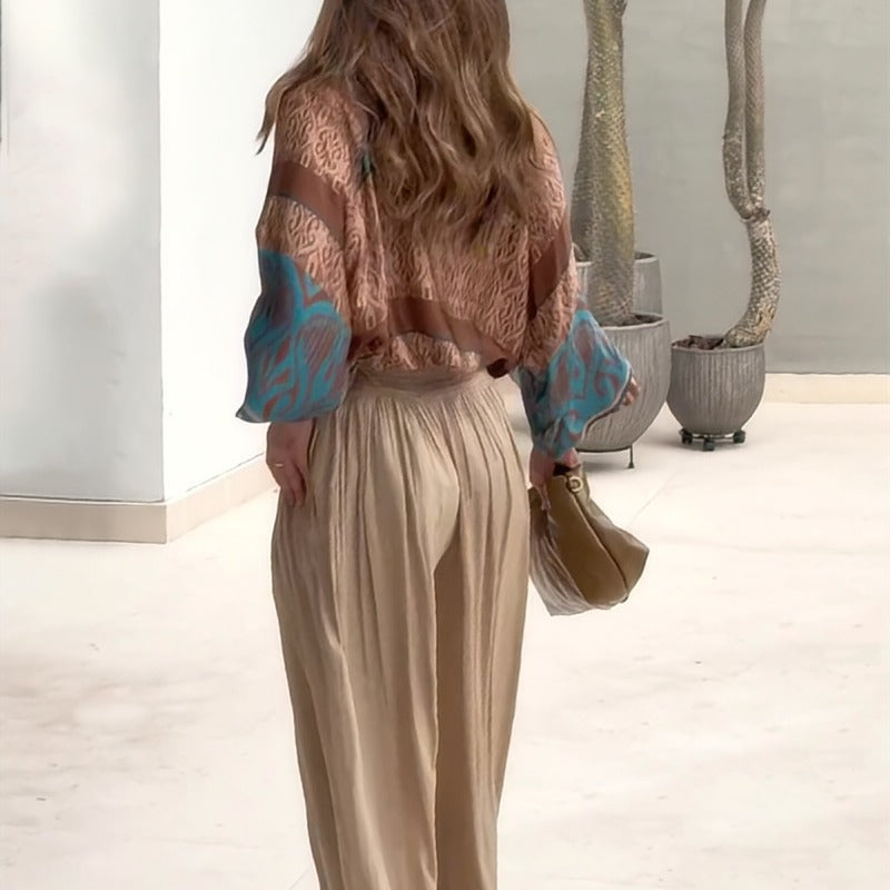 Printed top wide leg pants two-piece set