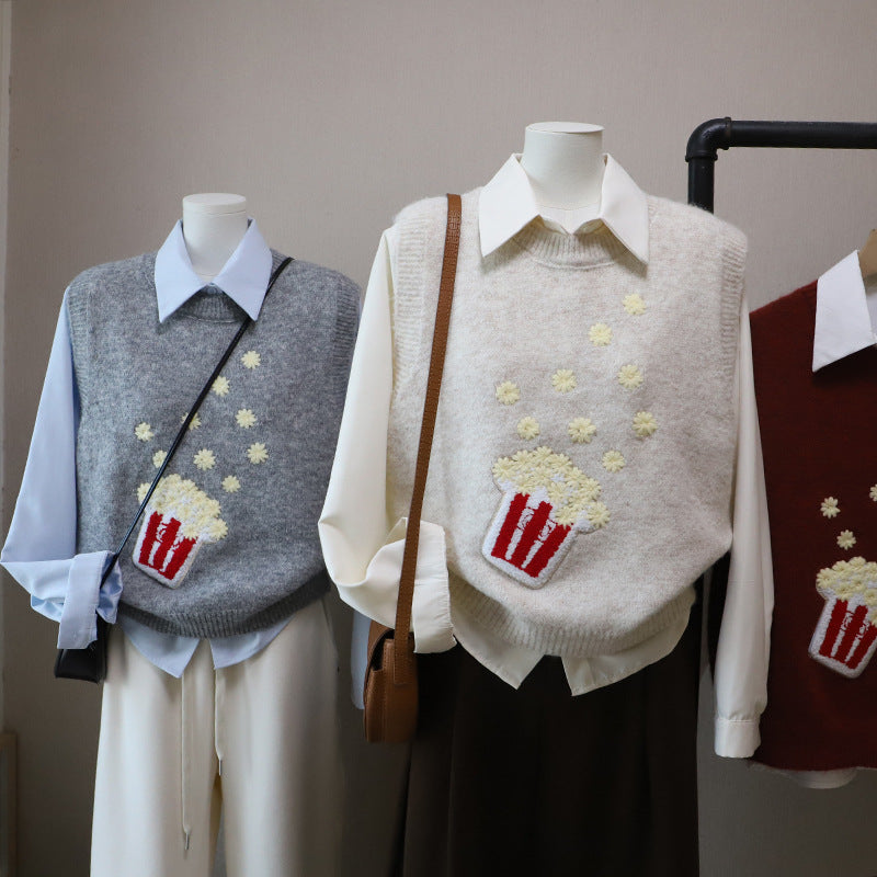 Fashionable Two-Piece Set of Flannel Shirt + Embroidered Knit Vest for Women