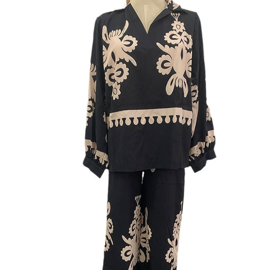 Women's Two-Piece Set Long Sleeve Top with Irregular Print and Pants