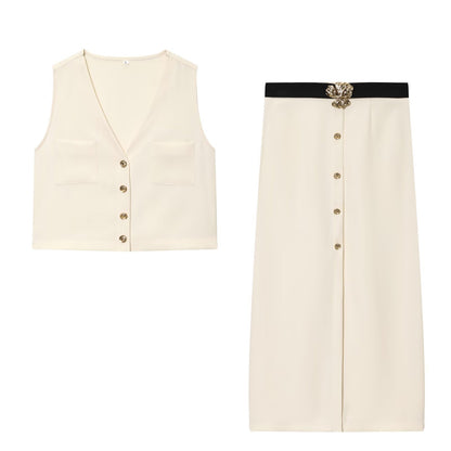 Women's Sleeveless Chiffon Top + Waistband Chiffon Midi Skirt Set