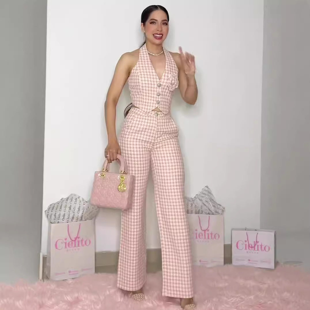 Top two-piece wide leg pants retro checkered pink set