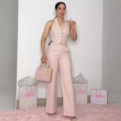 Top two-piece wide leg pants retro checkered pink set
