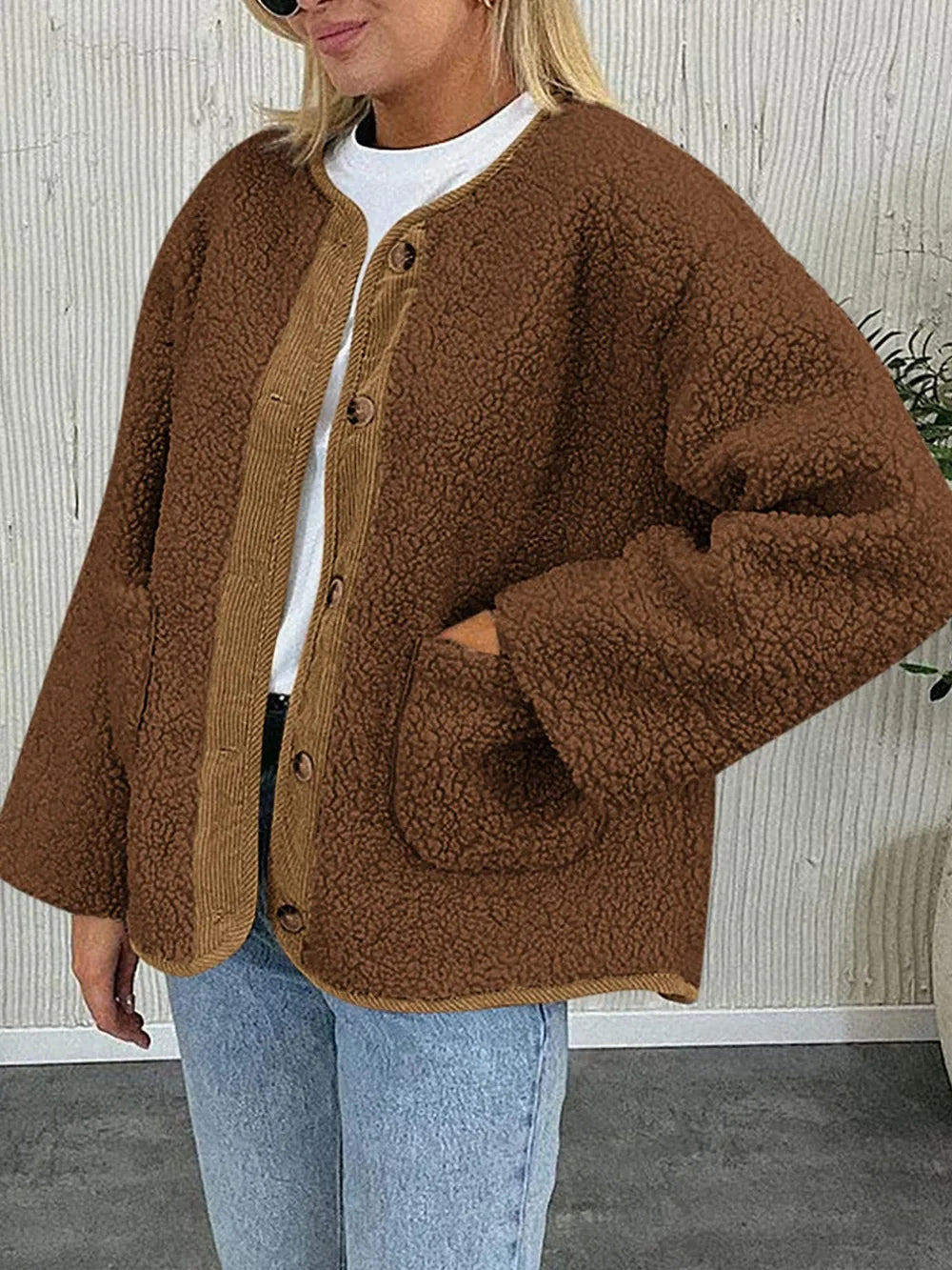 Winter coat long sleeved button down plush lambskin jacket jacket