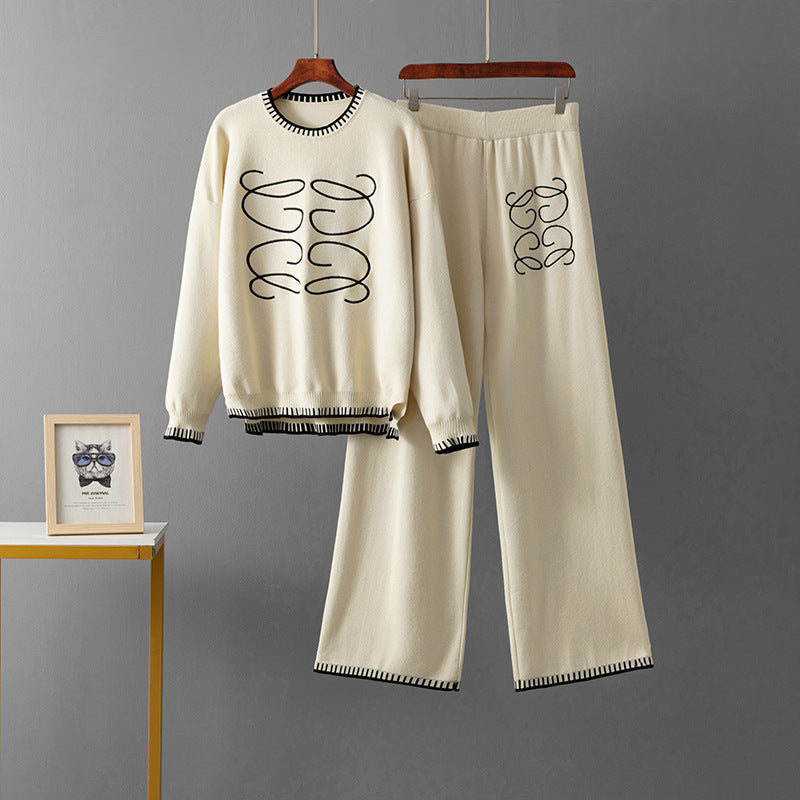 Solid color round neck loose wide leg pants set