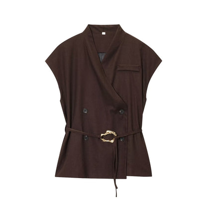 Golden Buckle Decorated Top + Casual Long Pants Set for Women