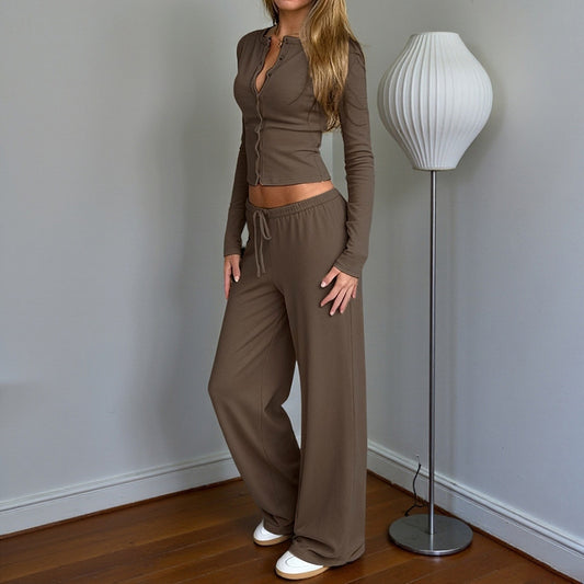 Waist knitted long sleeved top and loose pants set