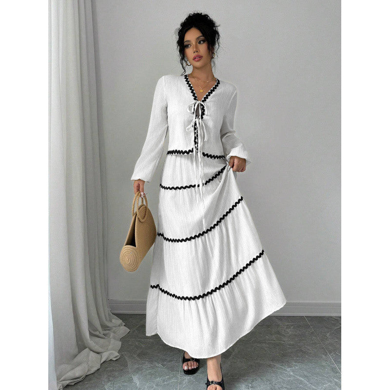 Elegant Vacation Style Long Sleeve Belted Lace A-Line Dress Set