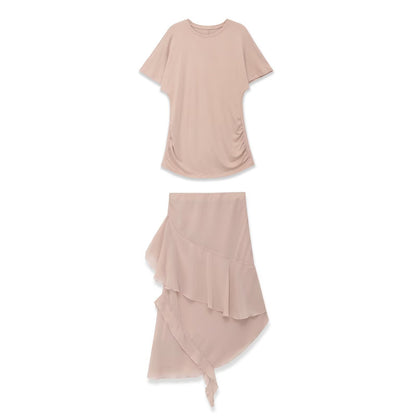 Patchwork Dress Set with Round Neck and Short Sleeves